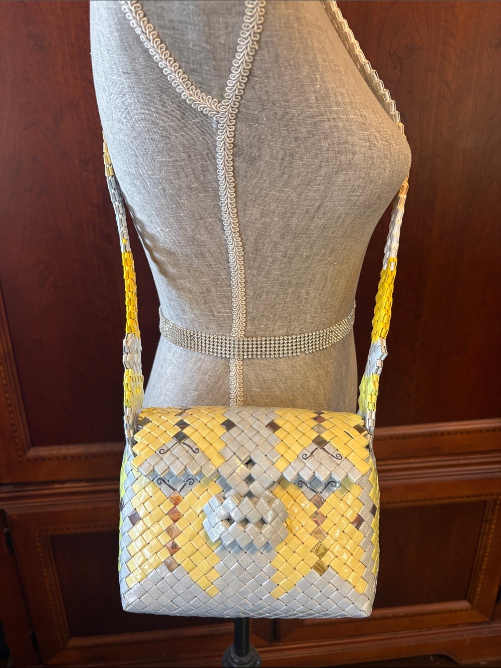 Woven Handmade Crossbody Bag in Yellow and Silver butterflies -